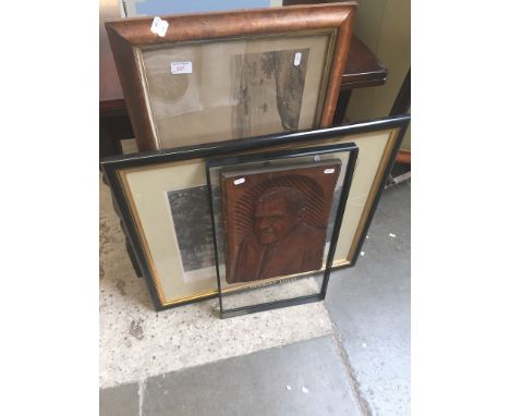 2 OLD PRINTS AND A CARVED PORTRAIT