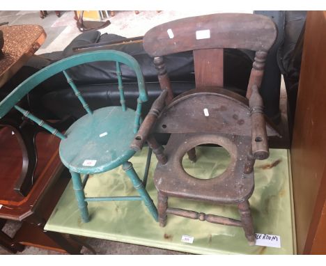 A CHILDS SPINDLE CHAIR AND CHILDS COMMODE CHAIR