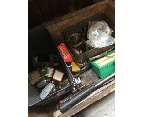 WOOD BOX OF TOOLS AND MISC.