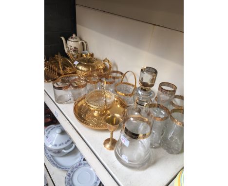 GOLD COLOURED METAL TEA WARE AND GLASS DECANTER SET  ETC.       N3