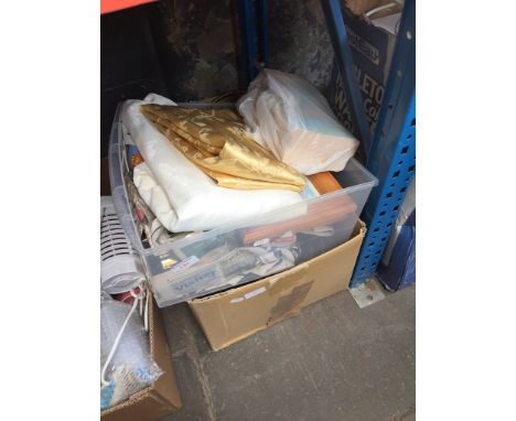 2 BOXES CONTAINING MATERIAL, TABLE LAMP, POTTERY