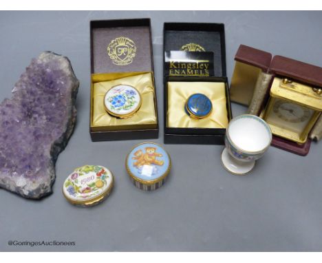   A small group of collectables including trinket boxes, a Mintons egg cup, a Lupin carriage timepiece and a piece of amethys
