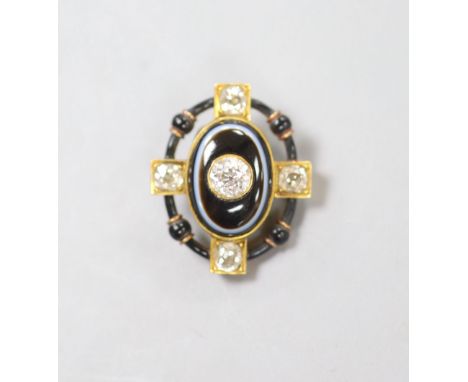   A Victorian yellow metal, banded agate, diamond and black enamel set mourning stick pin head, (no pin), 21mm, gross weight 