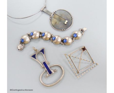   A stylish 1970's silver and blue enamel set pendant, maker E&amp;N?, 78mm, gross 45.2 grams, a Scandinavian?  925 pendant n