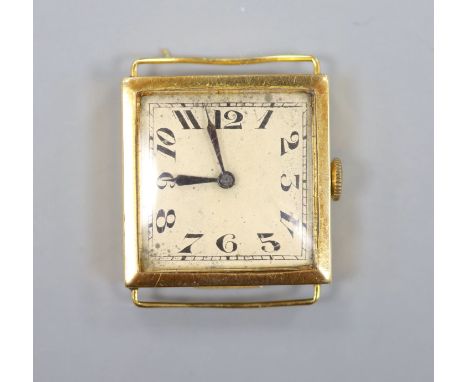   A 1920's 18ct gold square cased manual wind wrist watch, no strap, case diameter 26mm ex. crown, gross weight 23 grams.