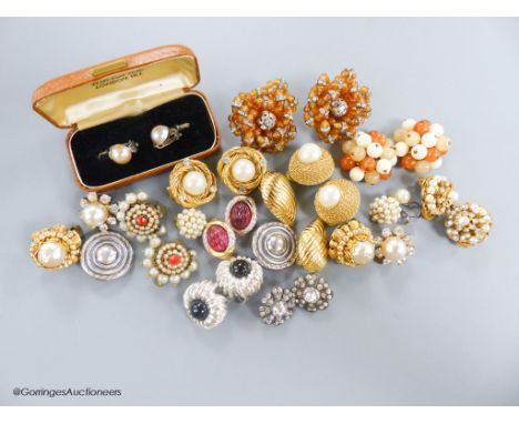   A pair of Tiffany flower form silver and cabochon onyx clip-on earrings and a collection of other similar vintage earrings,