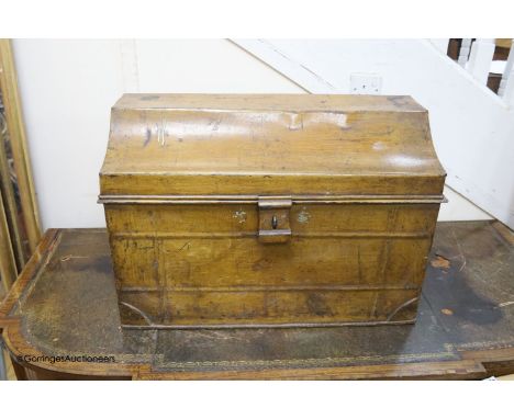   A Victorian tin trunk with simulated wood painted finish, width 66cm, depth 42cm, height 45cm