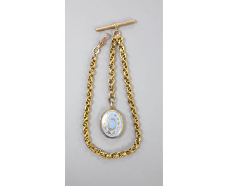   A Victorian gilt metal and enamel oval locket, 29mm, together with a fancy double link albert, stamped 9c, 34.5cm, 25 grams