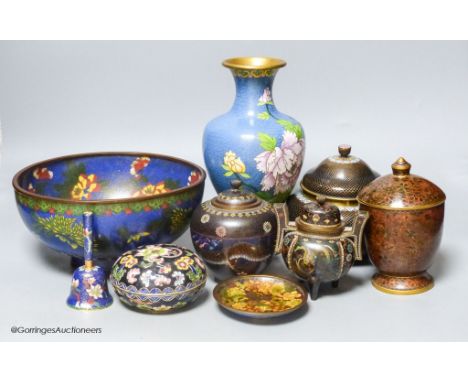  A Chinese cloisonne enamel bowl and a similar jar and cover, early 20th century, a box and cover, jar and cover, a dish and