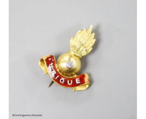   A yellow metal diamond and enamel set Royal Engineers grenade brooch, 22mm, gross weight 4.9 grams.