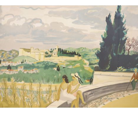   Yves Brayer (1907-1990), figures before a distant castle, limited lithograph, signed and numbered 124/175, framed and glaze