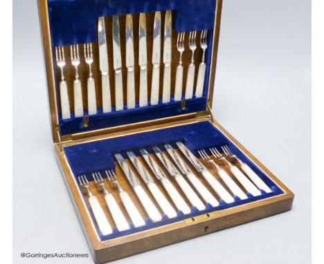   A cased set of George V mother of pearl handled silver dessert eaters, Frank Cobb &amp; Co Ltd, Sheffield, 1927,in mahogany