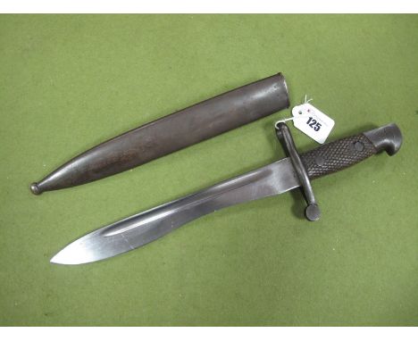 A Mid XX Century Spanish 'Bolo' Blade Bayonet. Spring appears to work, with original scabbard. Blade and scabbard number appe