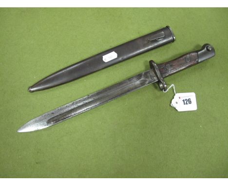 A Mid XX Century Turkish Mouser Bayonet. Pitting and chipping to blade, complete with scabbard. 