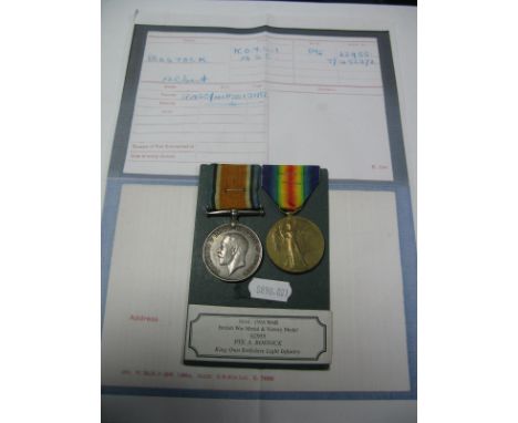 A WWI Medal Duo, comprising War Medal and Victory Medal to 62955 Pte. A.Bostock, Kings Own Yorkshire Light Infantry.