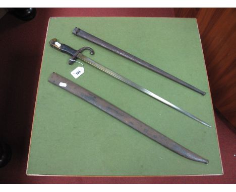 A French Gras Bayonet Dated 1886, with scabbard, spring stiee, plus a French Chassepot scabbard in poor condition.