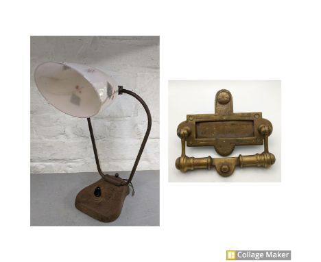An Arts and Crafts style lamp with glass shade together with a Victorian brass letter box with an integrated door knockerLoca
