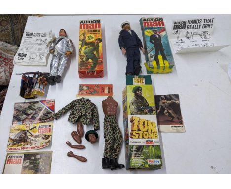 Three Palitoy Action Man figures to include Tom Stone with original box A/F, missing pieces, Sailor with original box, and So