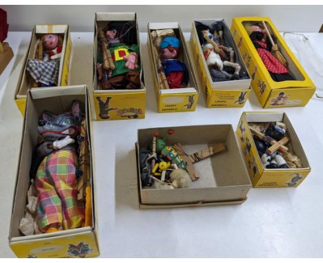 A collection of Pelham Puppets to include S M Witch, Cat, Wolf, and others, as well as a boxed Lightweight Pelham Puppet Thea