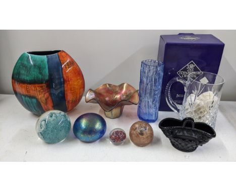 A Poole pottery purse vase in the gemstones pattern, together with mixed glassware to include paperweights, boxed Edinburgh c