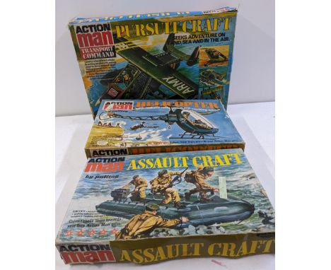 Three boxed Action Man Playsets by Palitoy to include Helicopter, Pursuit Craft and Assault Craft without rope A/F Location:I