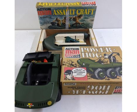Two boxed Palitoy Action Man Toys to include Assault Craft with missing rope and Power-Hog with pick and shovel missing and a