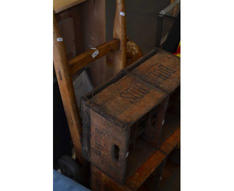 Wooden sack barrow and two vintage crates