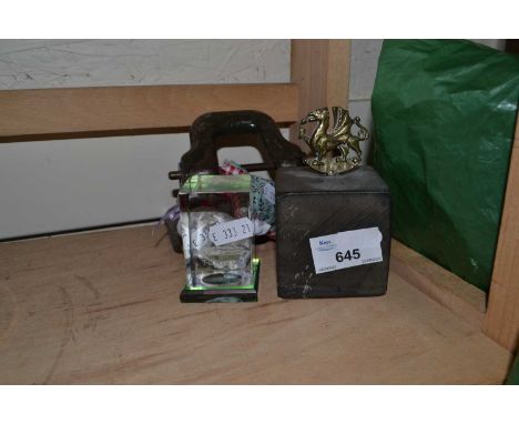Welsh slate paperweight together with a vintage hole punch and other items