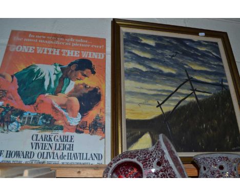 Reproduction Gone with the Wind movie canvas print together with view of geese  over a dyke, framed