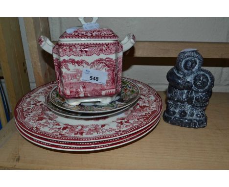 Mixed Lot: Masons Vista sugar dish, Royal Staffordshire Clarice Cliff plates, and an Inuit style carving