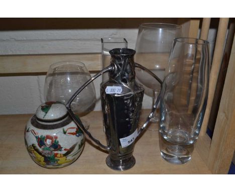 Mixed Lot: Dutch white metal Art Nouveau style vase together with glass ware and a ginger jar and cover