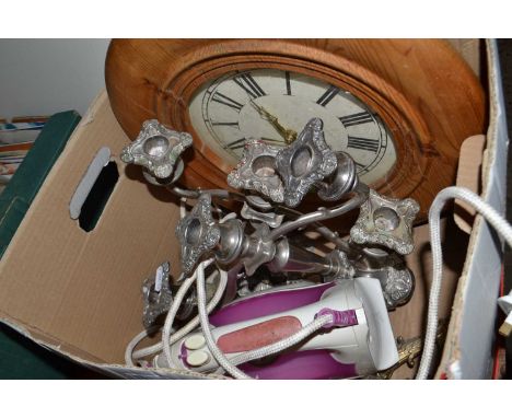 Mixed Lot: A pair of white metal candelabras, wall clock, iron etc