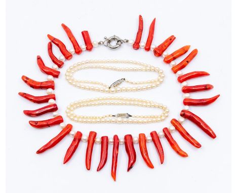 A red branch coral and cultured pearl necklace featuring alternate coral and pearl, silver bolt clasp, (one coral broken) alo