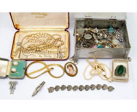 A collection of costume jewellery to include: faux pearl necklaces; gold plated chain; paste set vintage brooches, white meta