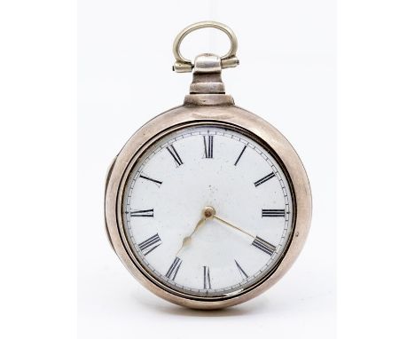 A Georgian silver pocket pair case pocket watch, Rob Bridges London, white enamel dial, Roman numeral markers, dial diameter 