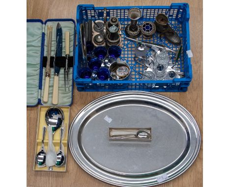 Quantity of EPNS, chrome to include: spoons, condiments, six tot glasses, six pence holder, ceramic brooch, large shoe pincus