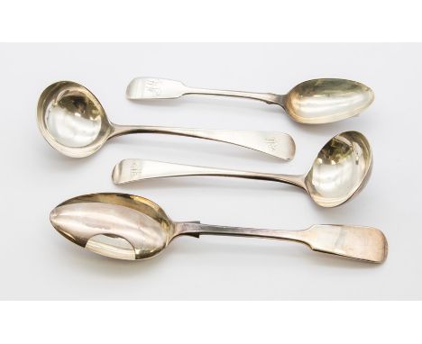 A pair of George Old English Pattern soup ladles, each handle engraved with initial W, London, 1814, makers' mark rubbed toge