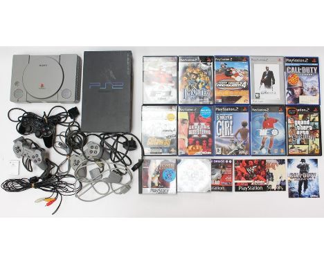 PlayStation: An unboxed PlayStation 1 console; together with an unboxed PlayStation 2; with three total controllers and one p