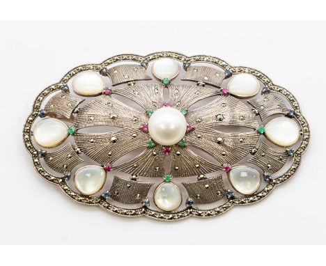 At Auction: Silver tone white faux pearl, clear and iridescent rhinestones,  purple enamel butterfly brooch