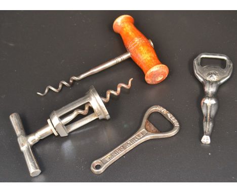 &nbsp;A 19th Century turned wooden handle and steel corkscrew, together with another vintage corkscrew with a novelty naked l
