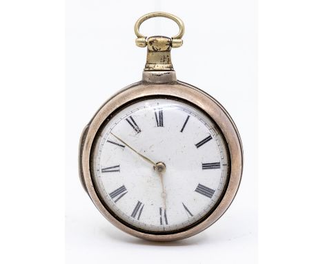 A Georgian silver pair case pocket watch, Sam Deacon Barton, white enamel dial, Roman numerals markers, dial diameter approx 