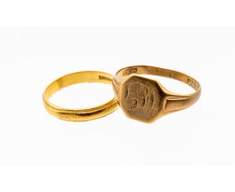 A 22ct gold band, size 0 1/2, 3.2 grams and a 9ct gold signet ring, size S 1/2, 2.9 grams (2)&nbsp;