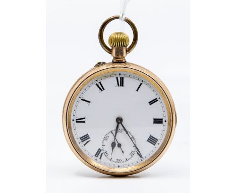 A gold plated open faced pocket watch, white enamel dial, Roman numerals, dial diameter approx 45mm, subsidiary dialCondition