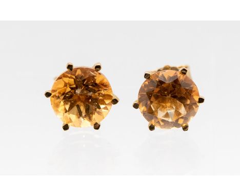 A pair of Brazilian imperial Topaz and 9ct gold earrings, comprising round cut imperial topaz, total stone weight approx. 6.7