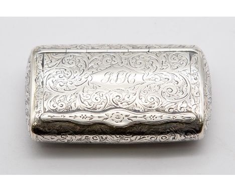 A Victorian silver cushion shaped snuff box and cover, profusely engraved decoration, the centre engraved with initials, hall