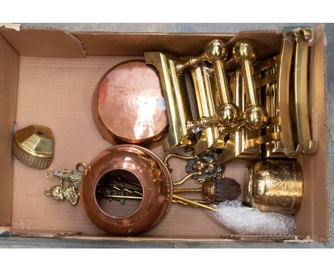 A collection of assorted brass fireside items, comprising fender, two pair of fire dogs, fireside companion set, cooper ware,