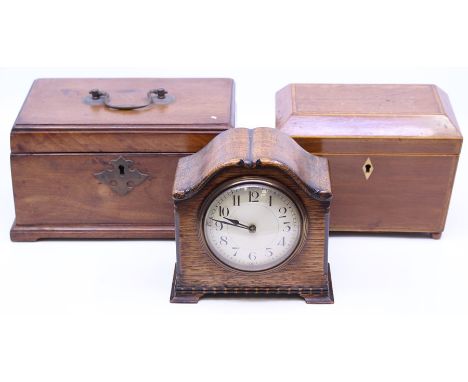 A 20th century mantle clock, inscribed 'Made in France' to back; together with a pair of 20th century boxes, both with inner 