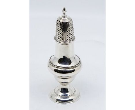 A George III silver sugar caster, beaded rims with engraved cross decoration to sifter and acorn finial, height approx 15cm, 