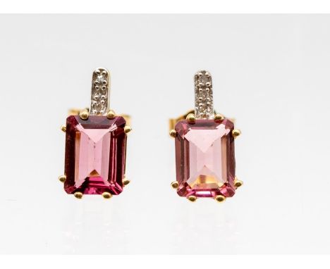 A pair of&nbsp;pink Fira tourmaline and diamond 18ct gold earrings, oval form comprising rectangular claw set tourmalines, st