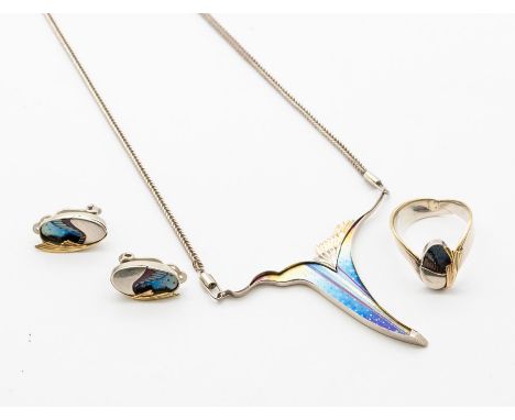 A Continental necklace, comprising a silver form inset with anodized titanium centre of blue and green shades, with gold acce